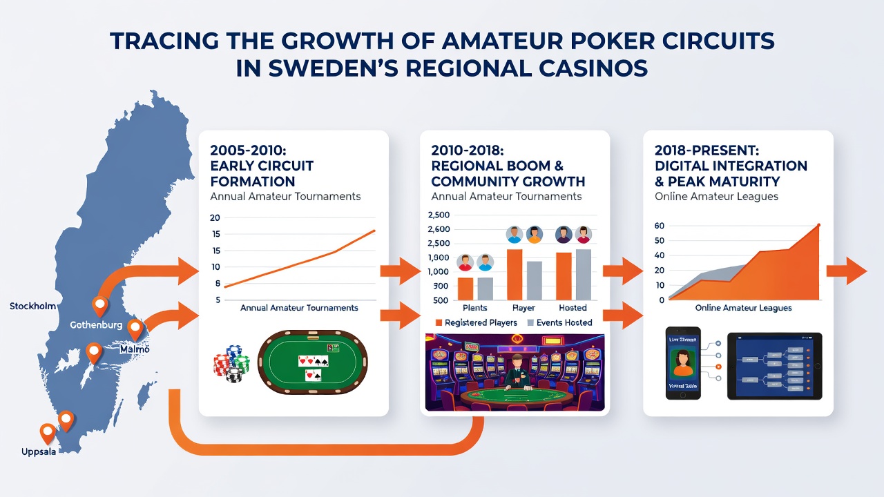 Amateur players gathered around poker tables at a Swedish regional casino circuit stop